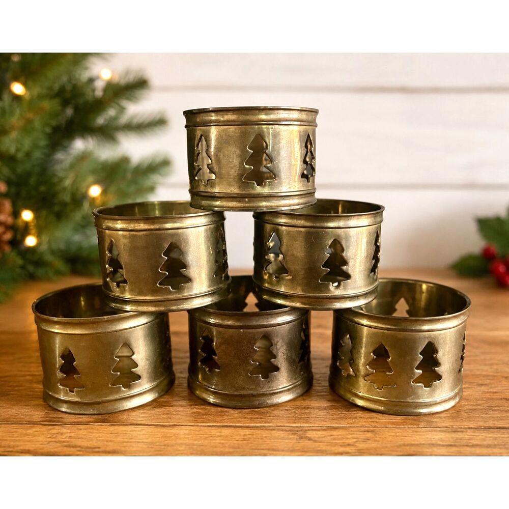 Vintage Christmas Tree Napkin Rings S/6 Metal Holiday Table Decor Holder 1980's